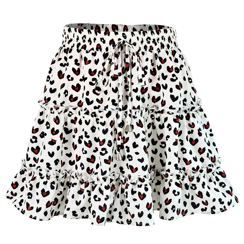 1PC 2020 Summer Short Skirts High-waist Ruffle Skirt Elegant Leopard Printing Female Skirts Beach A-shaped Skirt for Girl (White Leopard-L)