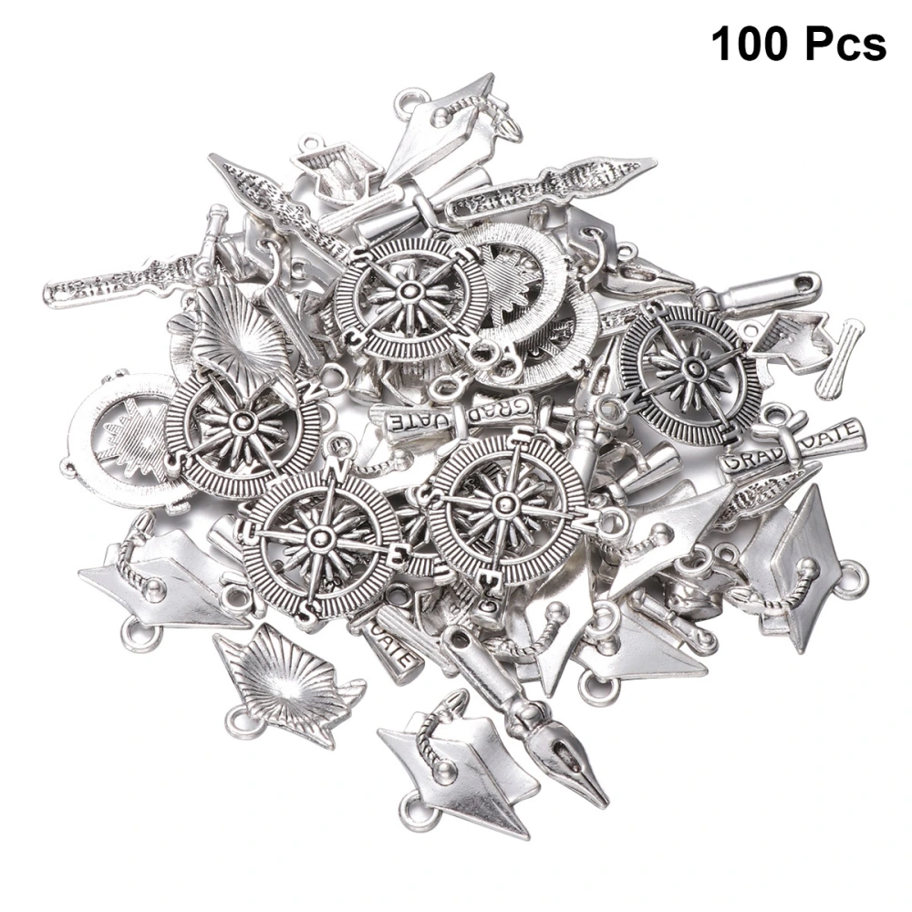 100 Pcs Graduation Themed Pendants Graduating Diploma Compass Pen Shaped Charm for Bracelets Necklace Chain (Silver/5 Pattern Mixed)