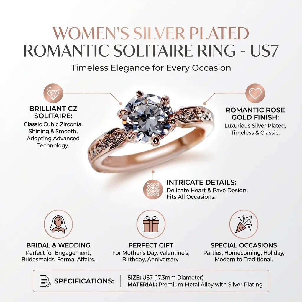 Women's Silver Plated Romantic Round Cubic Zirconia Solitaire Wedding Engagement Rings-US7