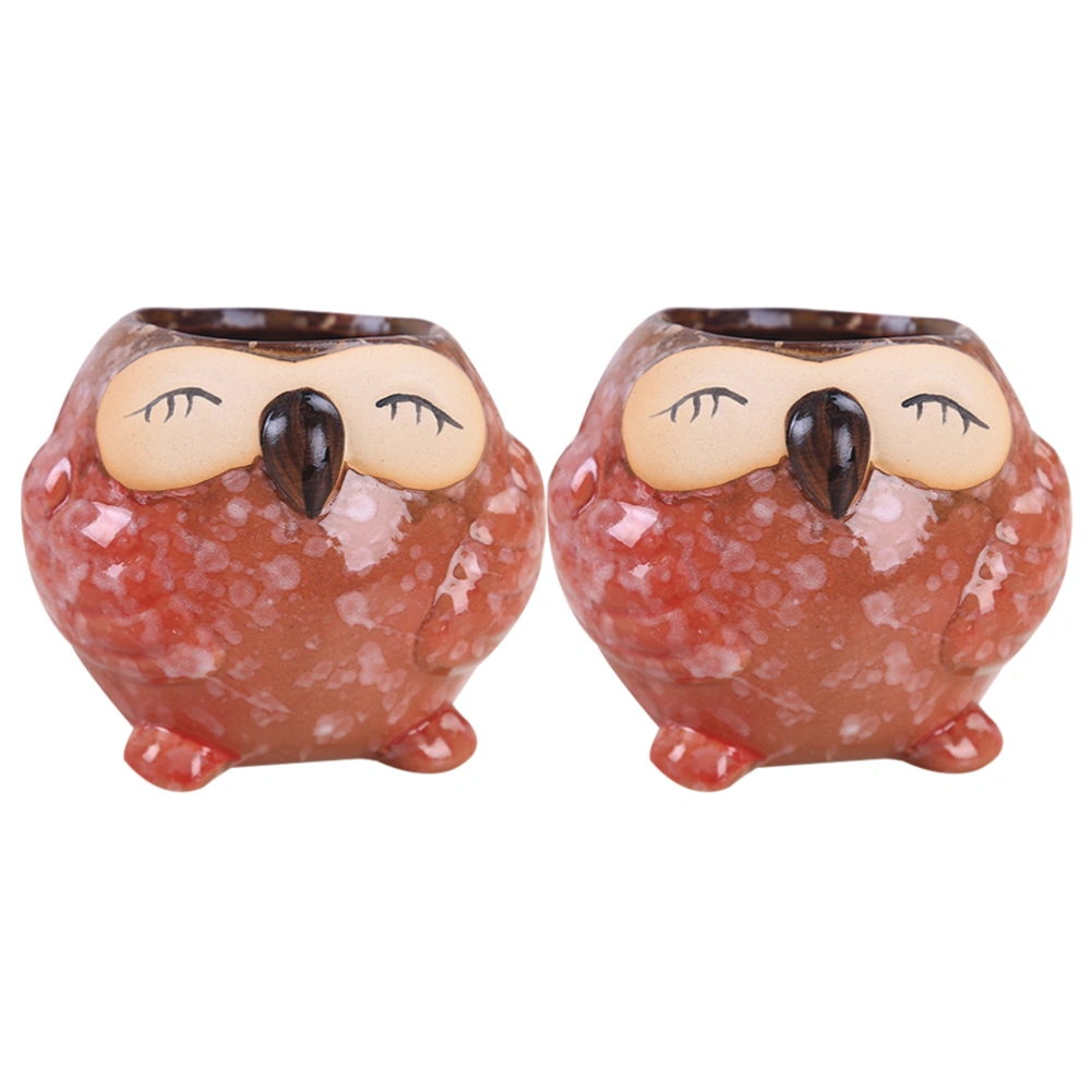 2pcs Lovely Owl Shaped Flowerpot Mini Ceramic Succulent Plants Potted Planters for Garden Home (Red)