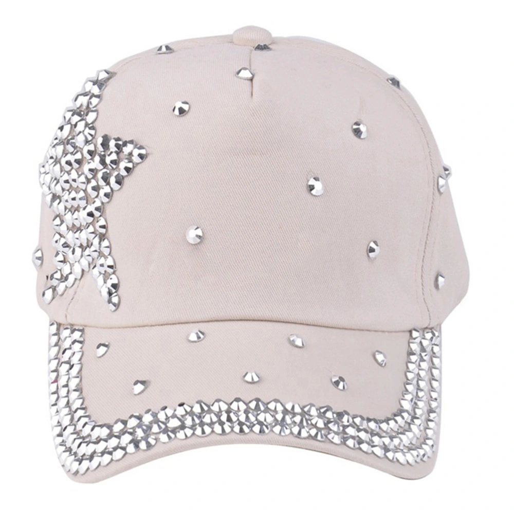 Fashion Five-pointed Star Shaped Rhinestone Diamond Sunscreen Hat Baseball Hat Students Casual Adjustable Cotton Hat(Beige)