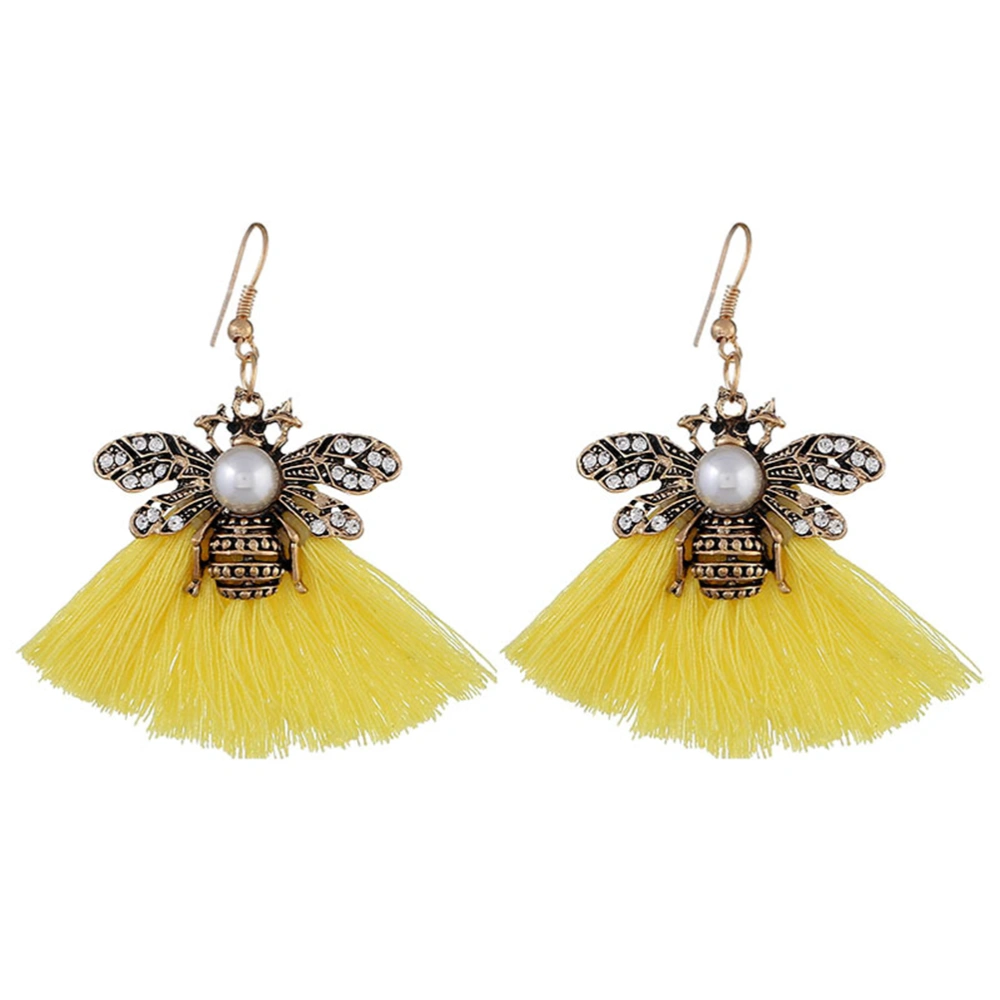 1Pair Women Ethnic Tassel Earrings Crystal Beaded Fringe Insect Shape Long Dangle Earrings Stud Statement Drop Earrings (Yellow)