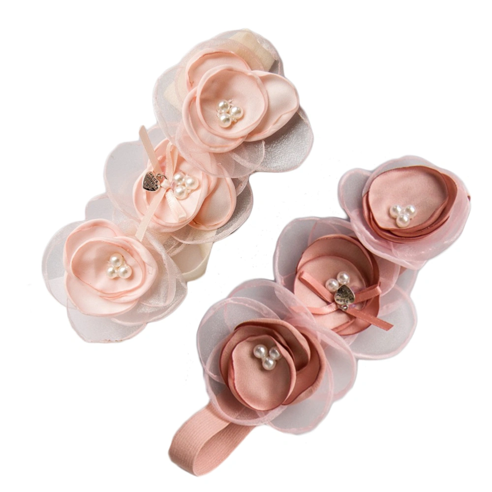 2pcs Baby Floral Headband Artificial Pearl Headwrap Adorable Flower Hair Band Infant Headdress First Birthday Photo Hair Accessories(Random Color)