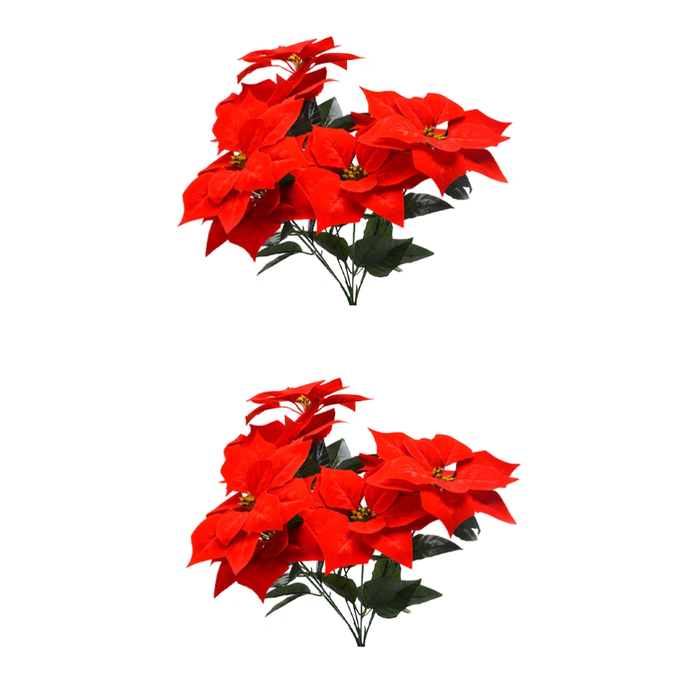 2PCS Simulation Red Poinsettia Bushes Christmas Flowers Bouquets Artificial Xmas Tree Ornaments Centerpiece for Christmas Home Office Decor (Red)