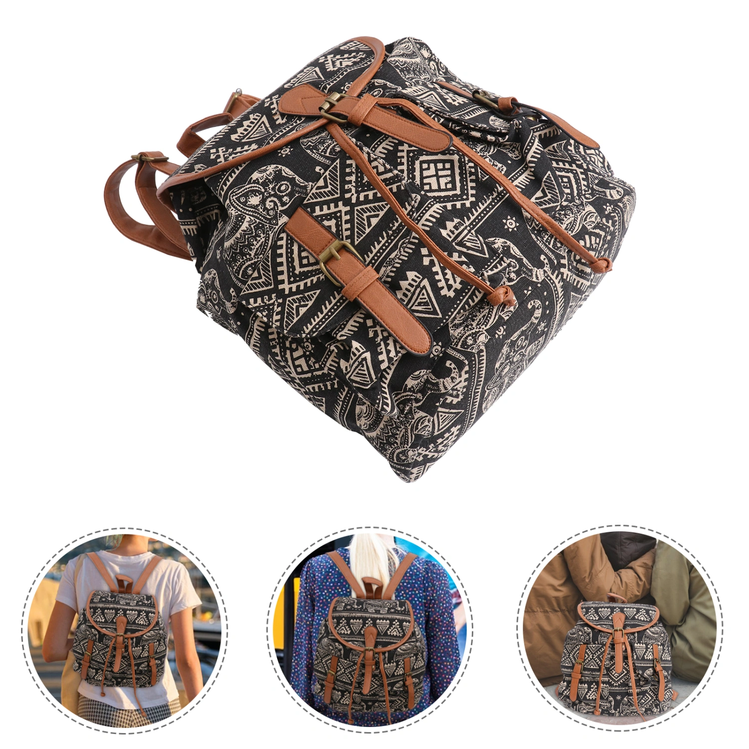 WINOMO Fashion Elephant Women Drawstring Canvas Backpack Rucksack School Bag Casual Bag (Black)