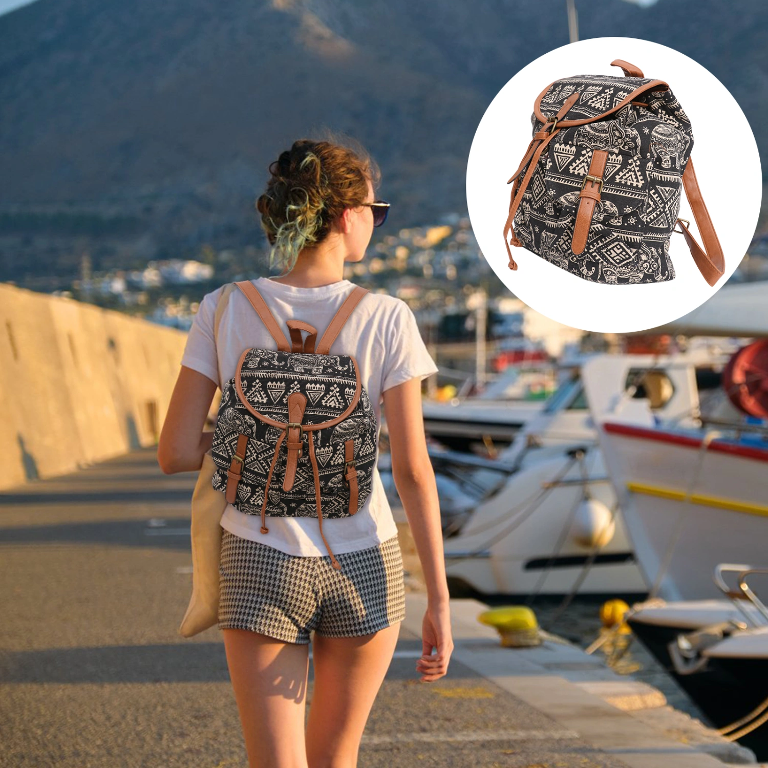 WINOMO Fashion Elephant Women Drawstring Canvas Backpack Rucksack School Bag Casual Bag (Black)