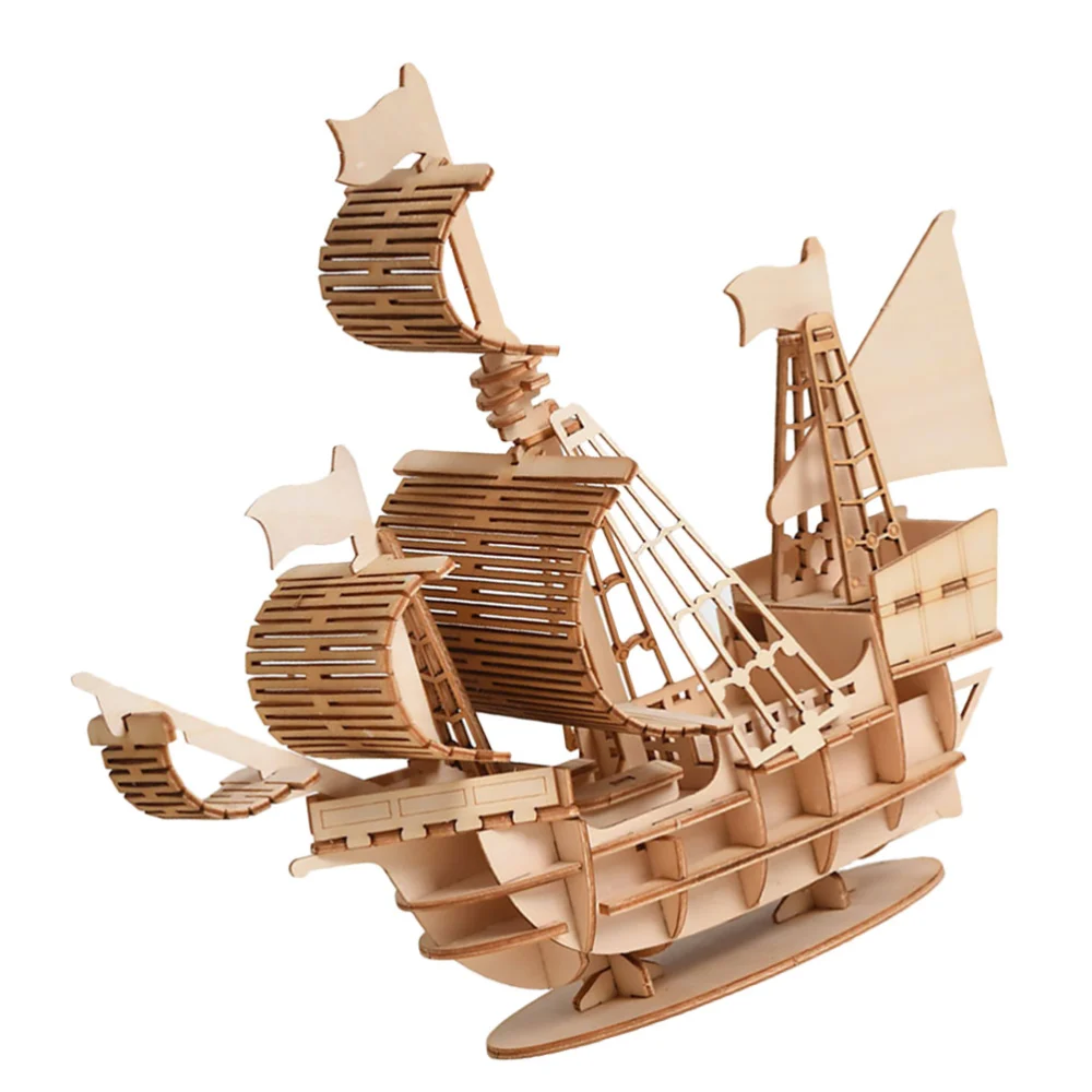 1 Set DIY Wooden Puzzle Plaything 3D Puzzle Toy Simulation Sailboat Style DIY Handmade Craft Jigsaw Puzzle Model (Wood Color)