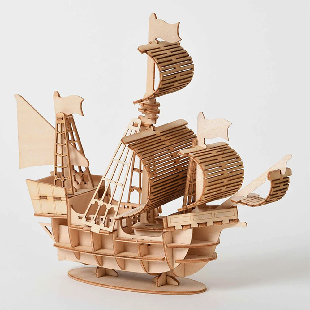 1 Set DIY Wooden Puzzle Plaything 3D Puzzle Toy Simulation Sailboat Style DIY Handmade Craft Jigsaw Puzzle Model (Wood Color)