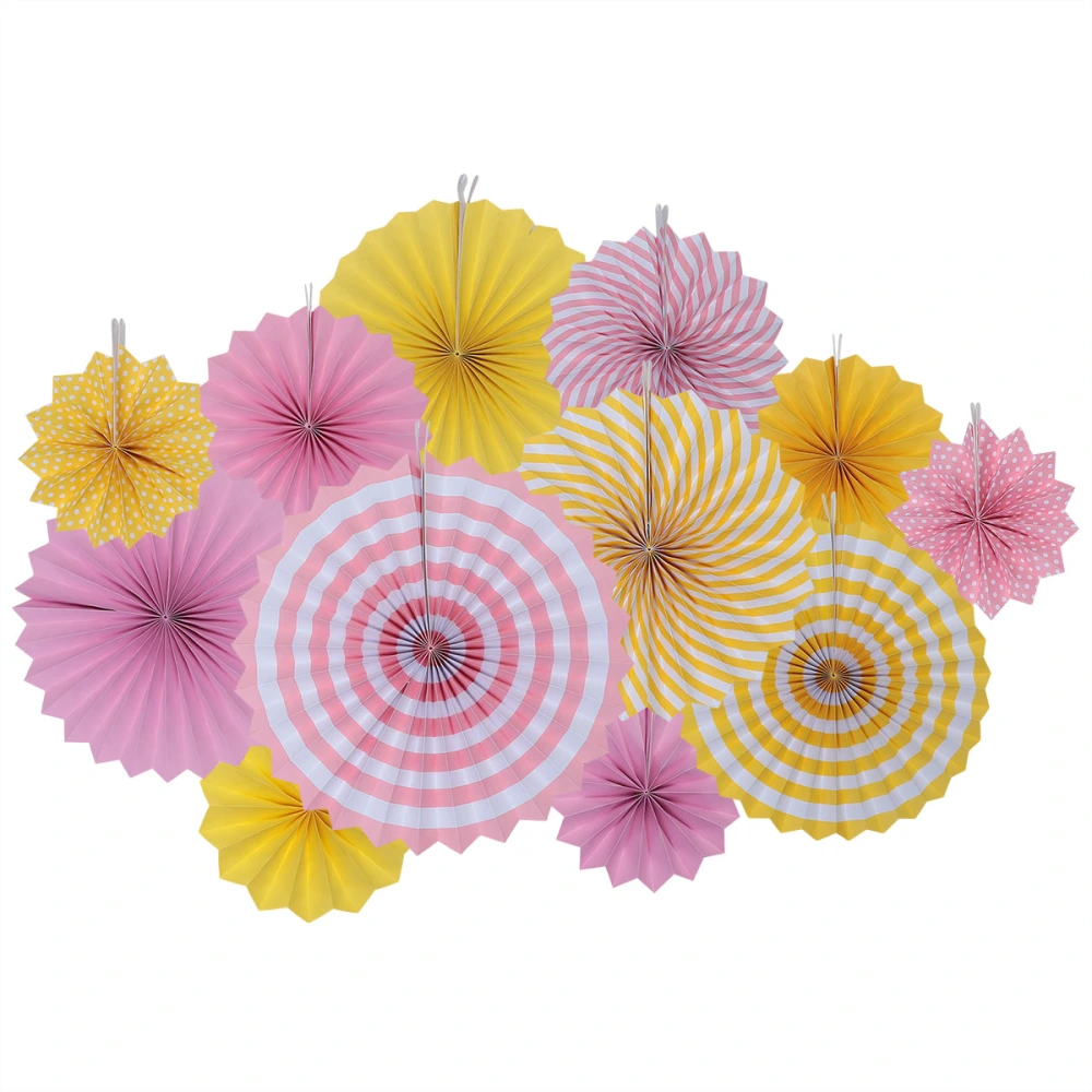 12PCS Hanging Paper Fans Set Fashion Paper Garlands Round Fans for Wedding Birthday Party Decoration (Yellow, Pink)