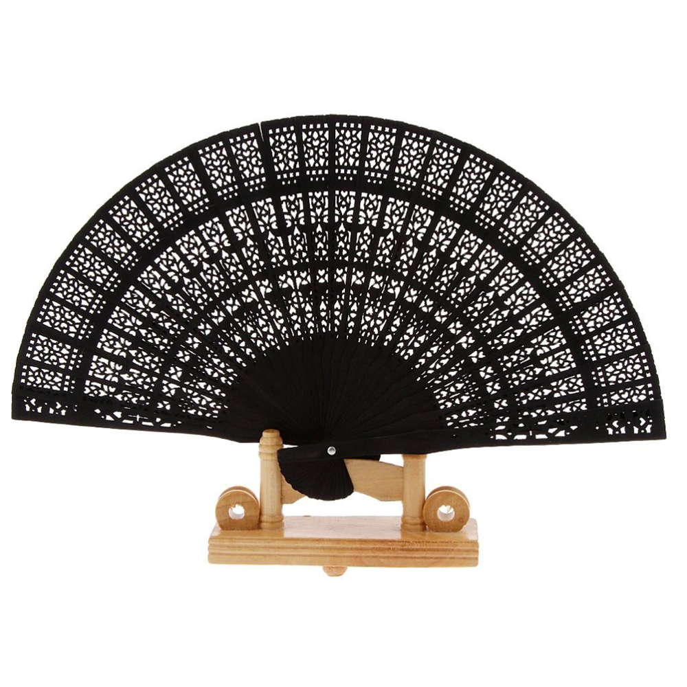 Chinese Folding Wood Panel Hand Fan with White Organza Bag for Weddings (Black)