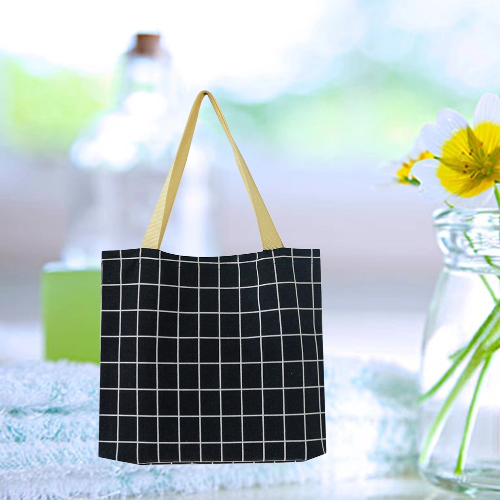 Linen Canvas Portable Shopping Bag Eco-friendly Reusable Grocery Tote Bag Washable Storage Bag (Black Grids)