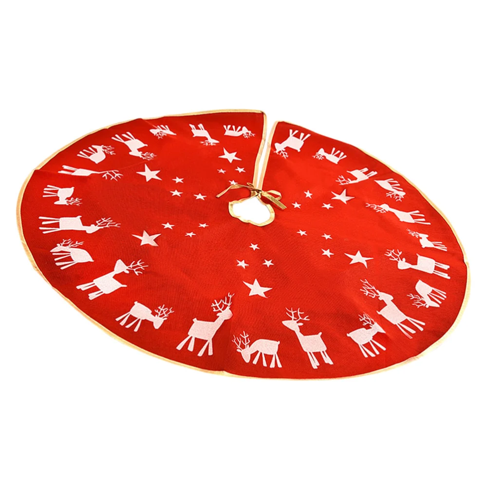 1PC Elk Printing Christmas Tree Skirt Linen Xmas Tree Apron Christmas Decor(Red)