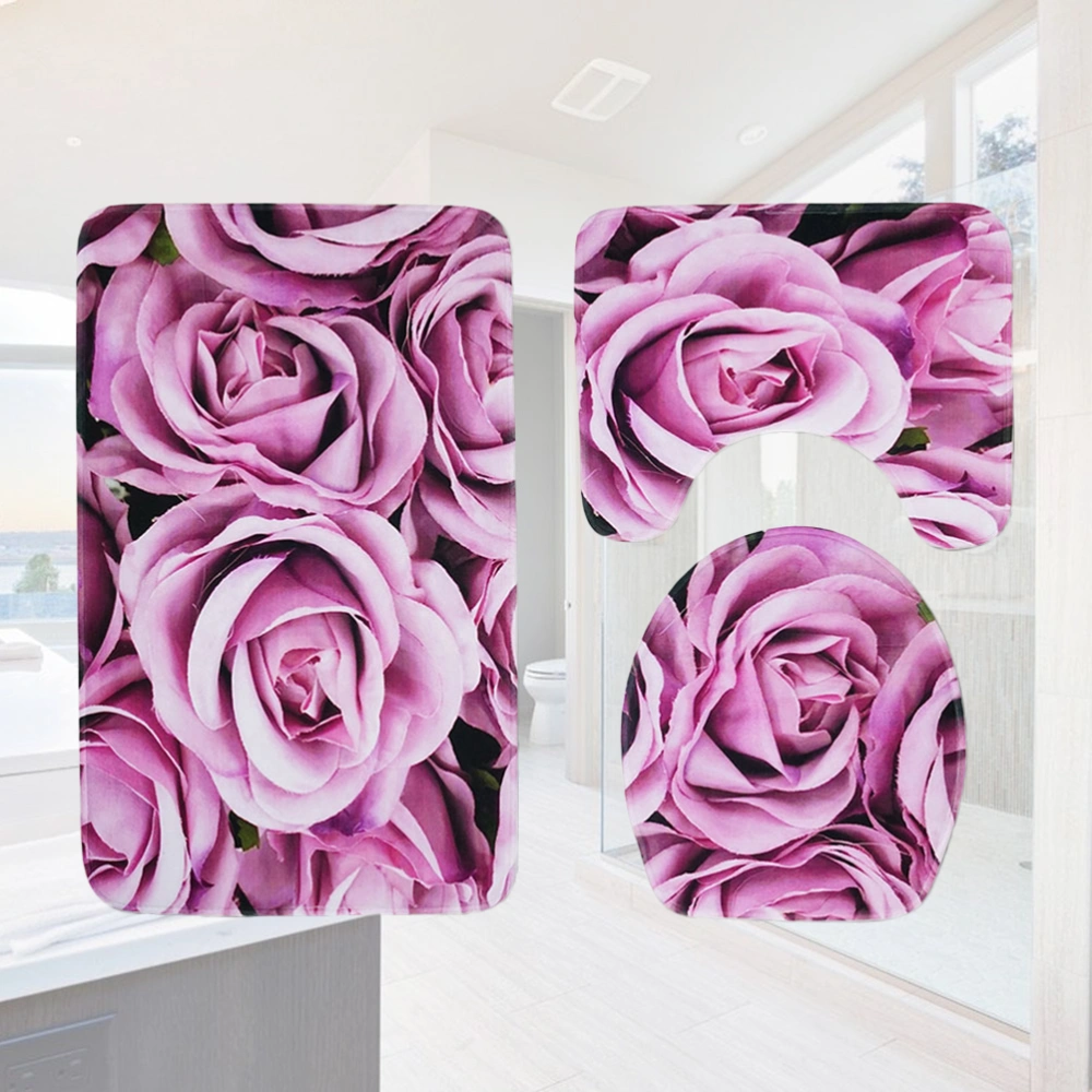 3 in 1 Printing Pattern Bathroom Mat Set Antiskid Washroom Carpet Mat Toilet Seat Lid Cover Pad - Pink and Purple Roses (As Shown)