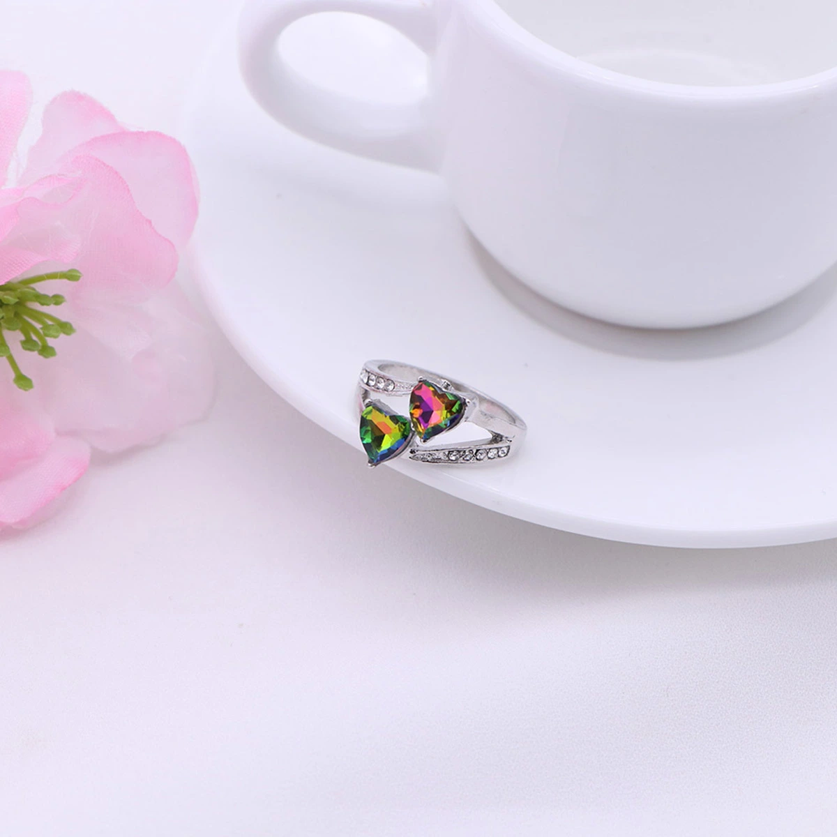Women Ring Stylish Micro-inlay Hollow out Double Hearts Shape Temperament Zircon Finger Ring - Size 7 (Multicolor)