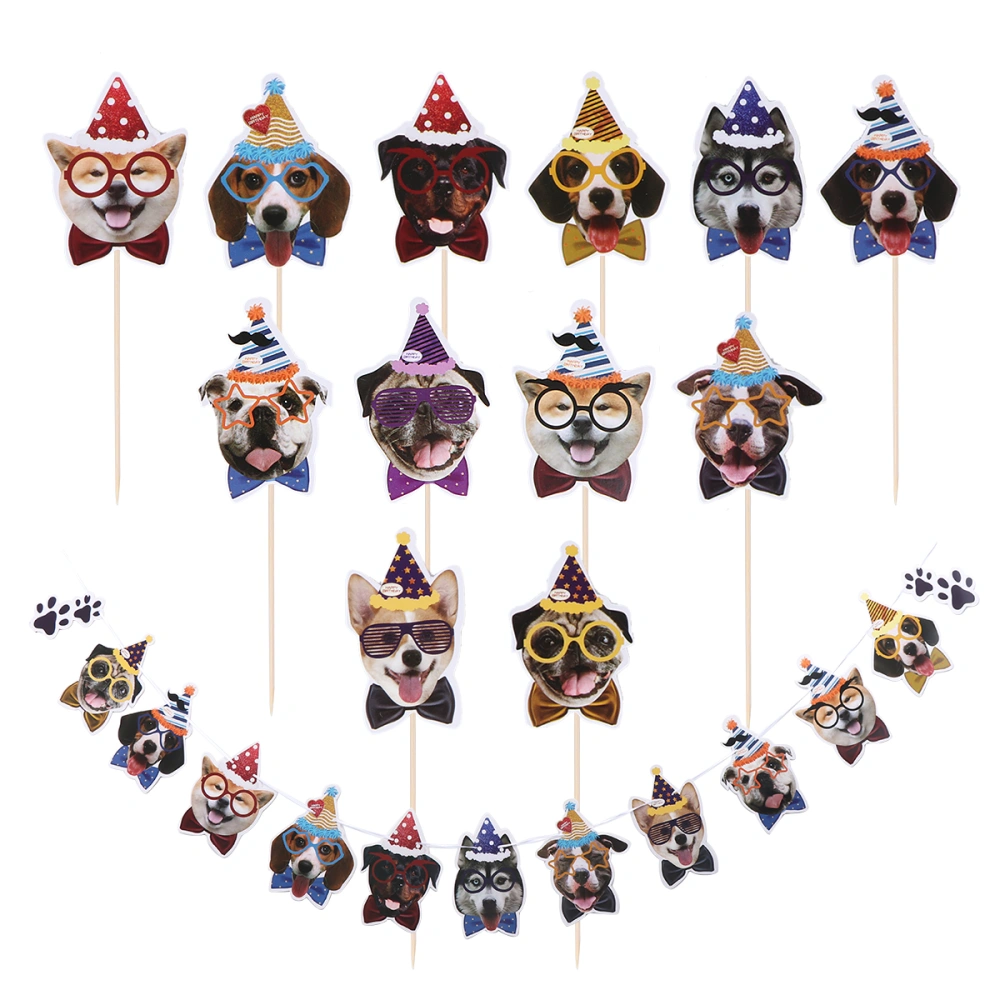 25pcs in 1 Set Dog Theme Cake Toppers and Banner Set Paper Bunting Cake Picks Puppy with Bowknot and Hat Design Birthday Cake Decoration Pet Birthday Party Dessert Insert Favor Flag Photo Props(1pc Flag and 24pcs Cake Toppers)