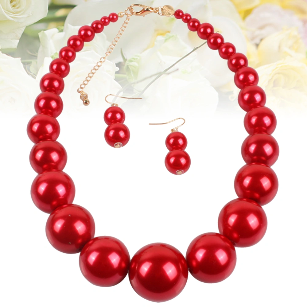 1 Set Imitation Pearl Clavicle Chain Necklace Earrings Set Exaggerated Delicate Pearl Necklace Earrings Set Elegant Jewelry Accessories for Women Ladies (Red)