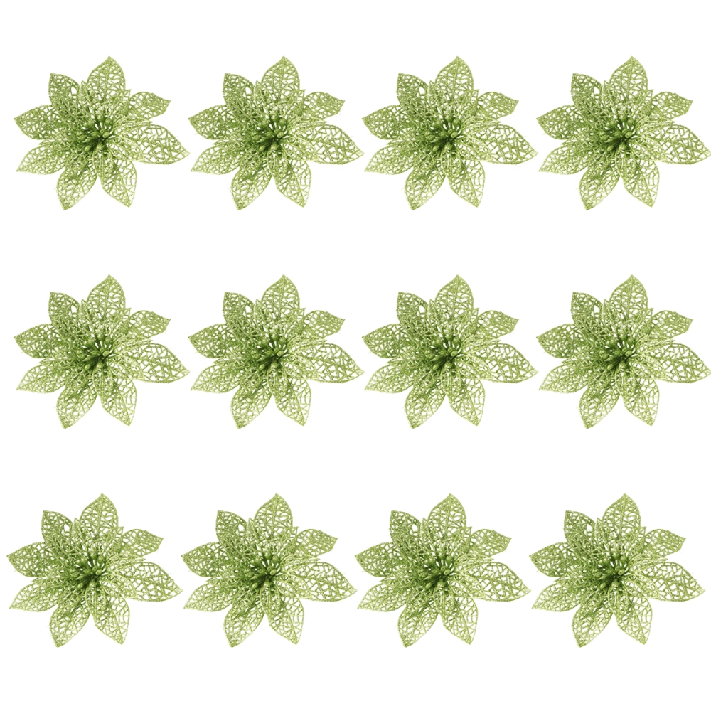 12Pcs Christmas Flower Ornaments Hollow out Glitter Artificial Xmas Flower Adornment Christmas Party Decoration (Light Green)