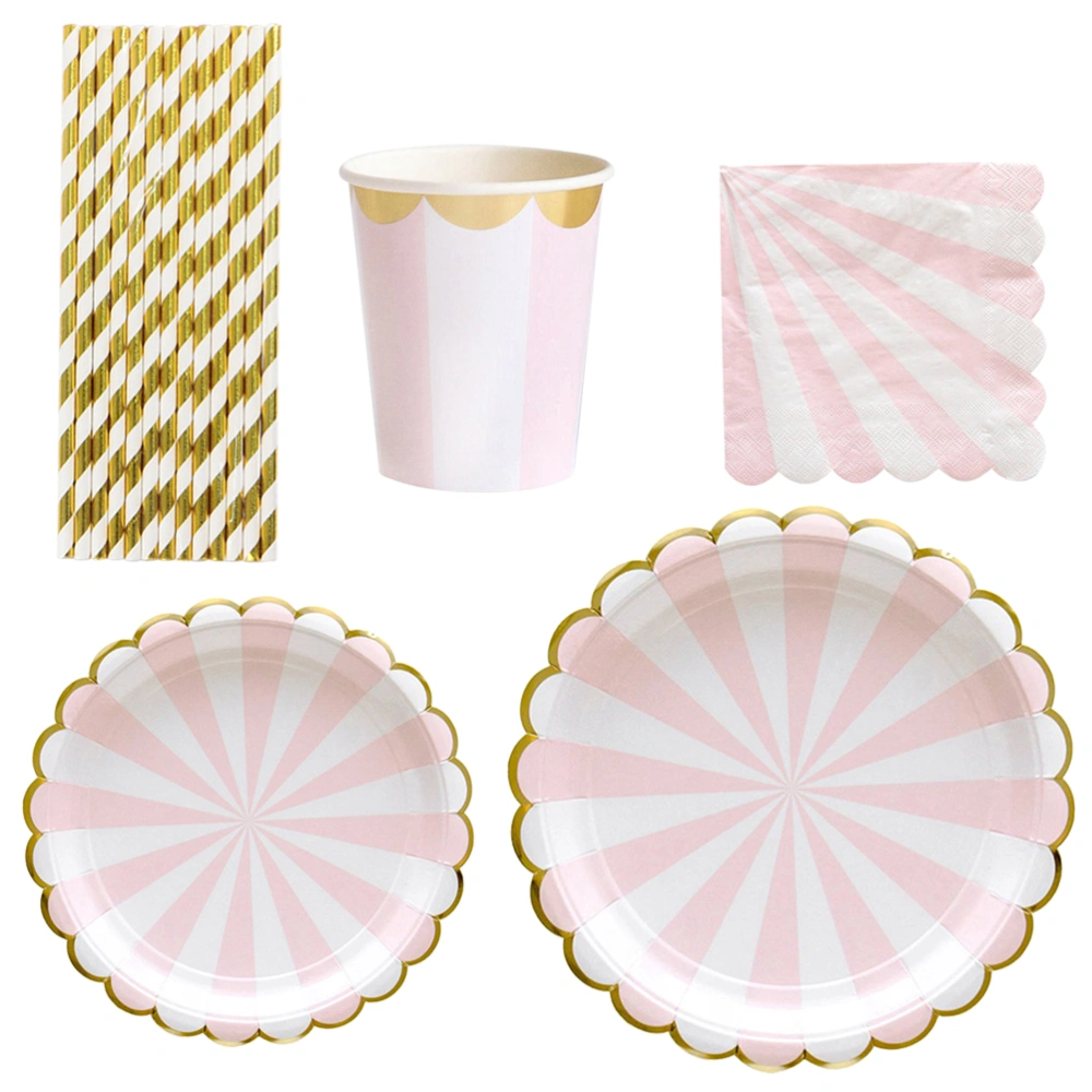 69Pcs Disposable Paper Dinner Plates Cups Straws Set Party Supplies (Pink)