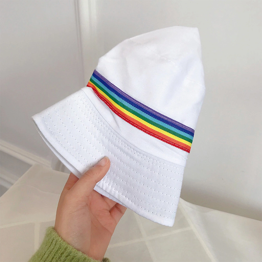 1pc Fashion Bucket Hat Fisherman Hat Cotton Sun Protection Hat Rainbow Stripe Sunhat for Women Men (White)