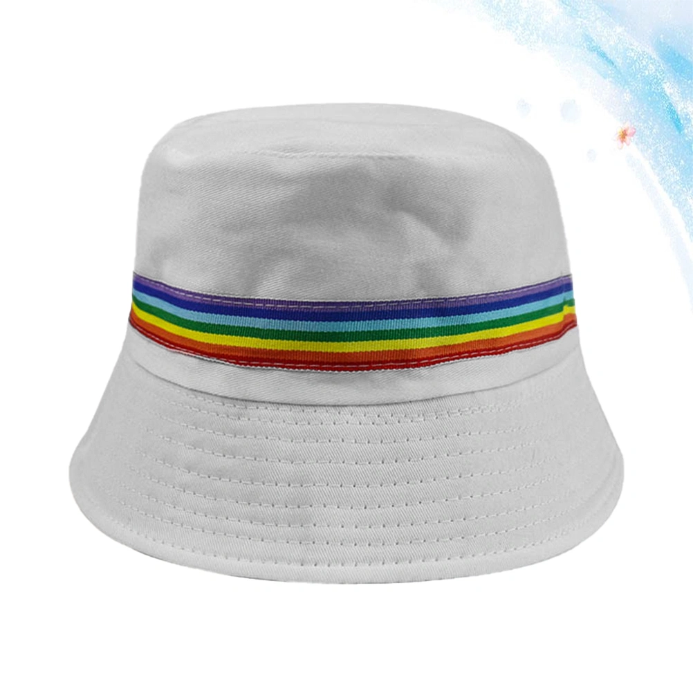 1pc Fashion Bucket Hat Fisherman Hat Cotton Sun Protection Hat Rainbow Stripe Sunhat for Women Men (White)