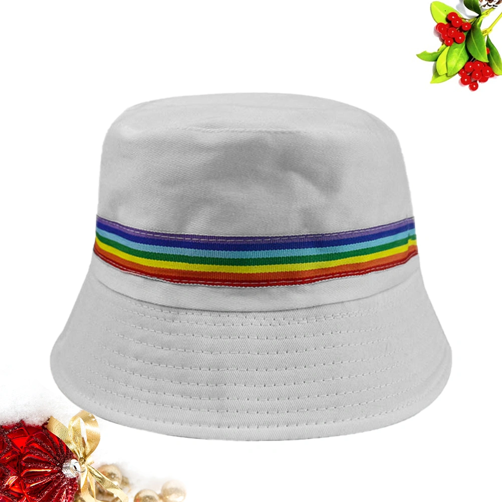 1pc Fashion Bucket Hat Fisherman Hat Cotton Sun Protection Hat Rainbow Stripe Sunhat for Women Men (White)