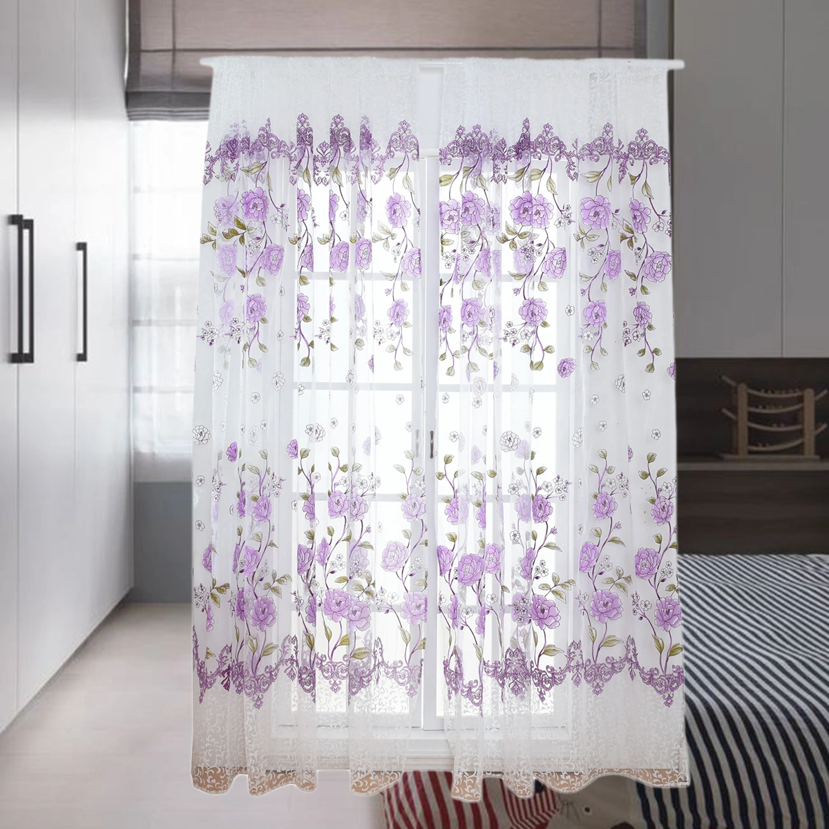 200x100cm Peony Sheer Curtain Tulle Window Treatment Voile Drape Valance (Purple)