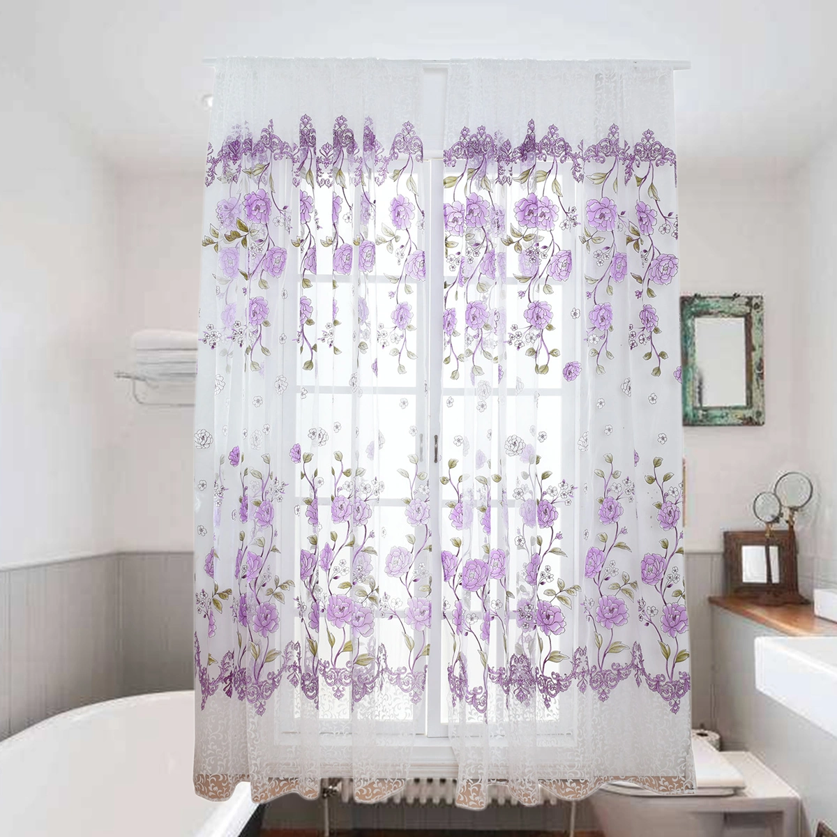 200x100cm Peony Sheer Curtain Tulle Window Treatment Voile Drape Valance (Purple)