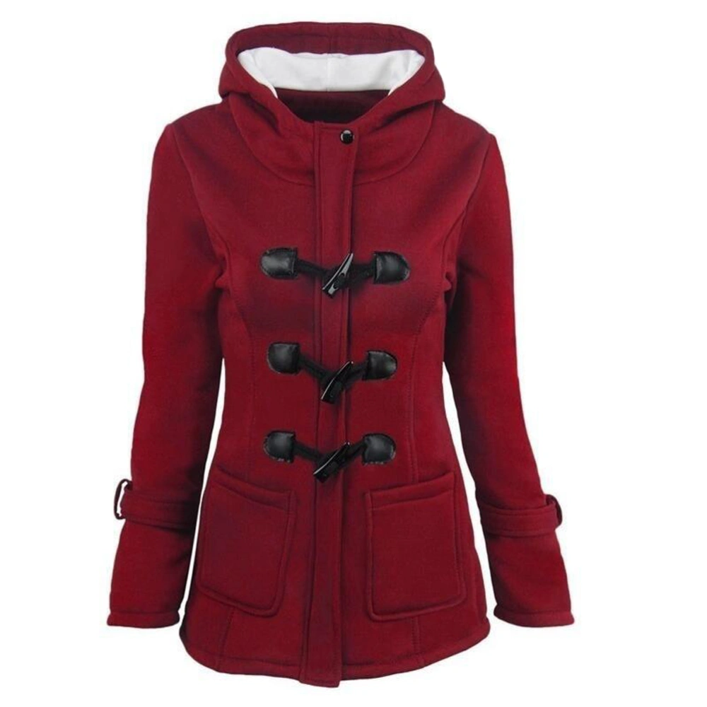 Women's Casual Double Breasted Blended Classic Pea Coat Winter Warm Hoodie Coat Size M (Wine Red)