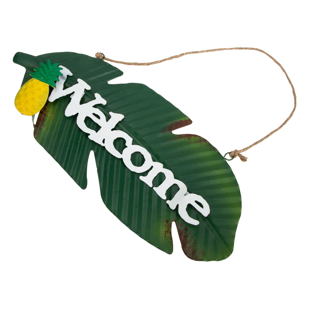 Iron Art Leaf Shaped Pendant Pineapple Welcome Hanging Plaque for Home Pub Club