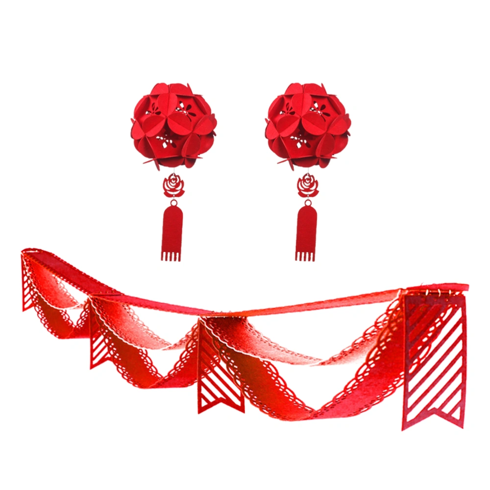 3pcs Festival Layout Wave Ribbon Bunting Xmas Ceiling Hanging Flower Ball With Hook for Hotel Shopping Mall (1pc 2.8M Red 3 Layer 3 Wave Ribbon and 2pcs Red Flower Ball)