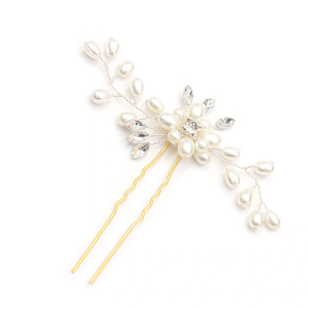 2pcs Women's Wedding Hairpin Rhinestone Crystal Pearls Handwork U Type Headwear Bridal Hair Accessories (Gold Pin-Silver Thread)