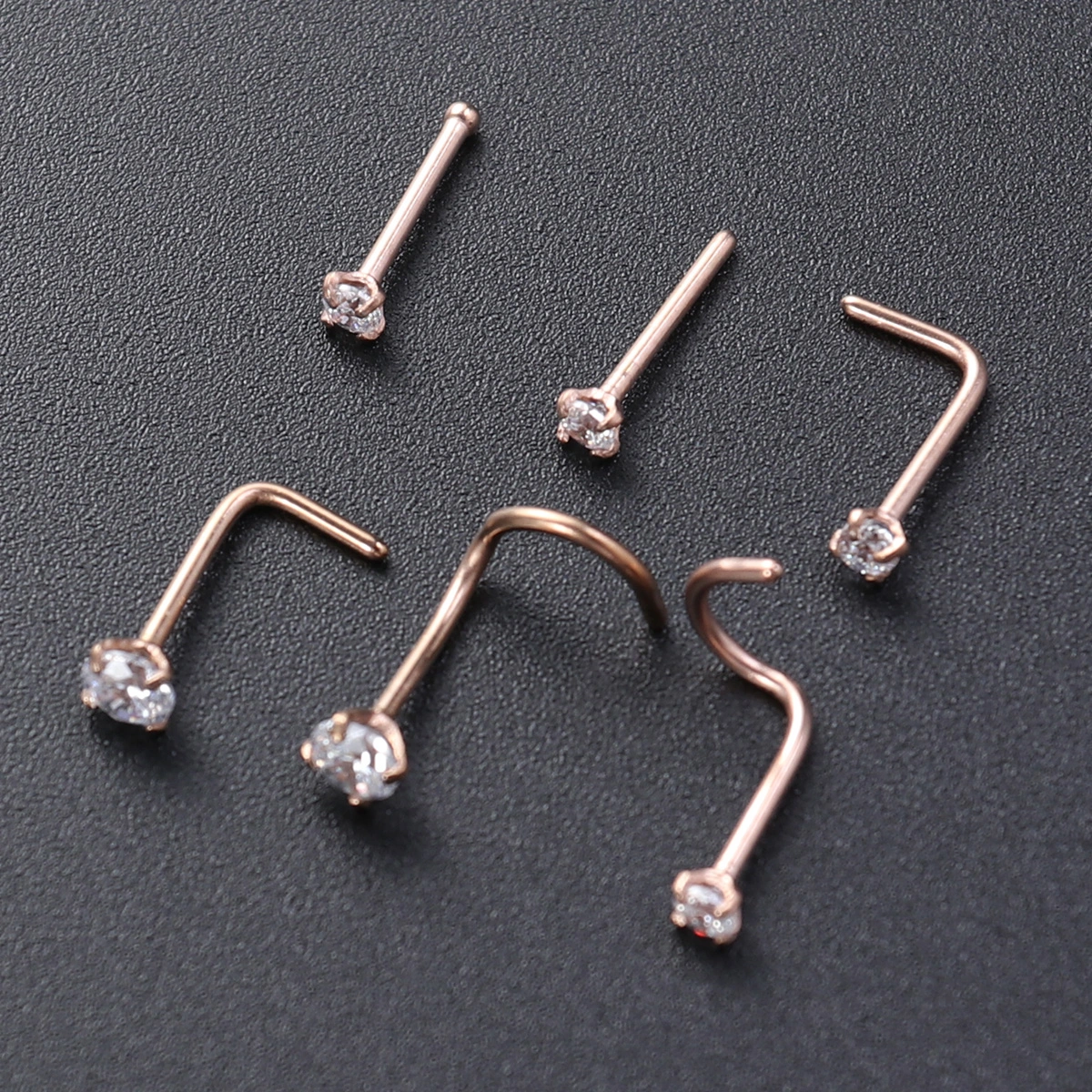 6pcs Stainless Steel Zircon Decorated Nose Rings Nose Studs Nose Gems (Rose Gold)