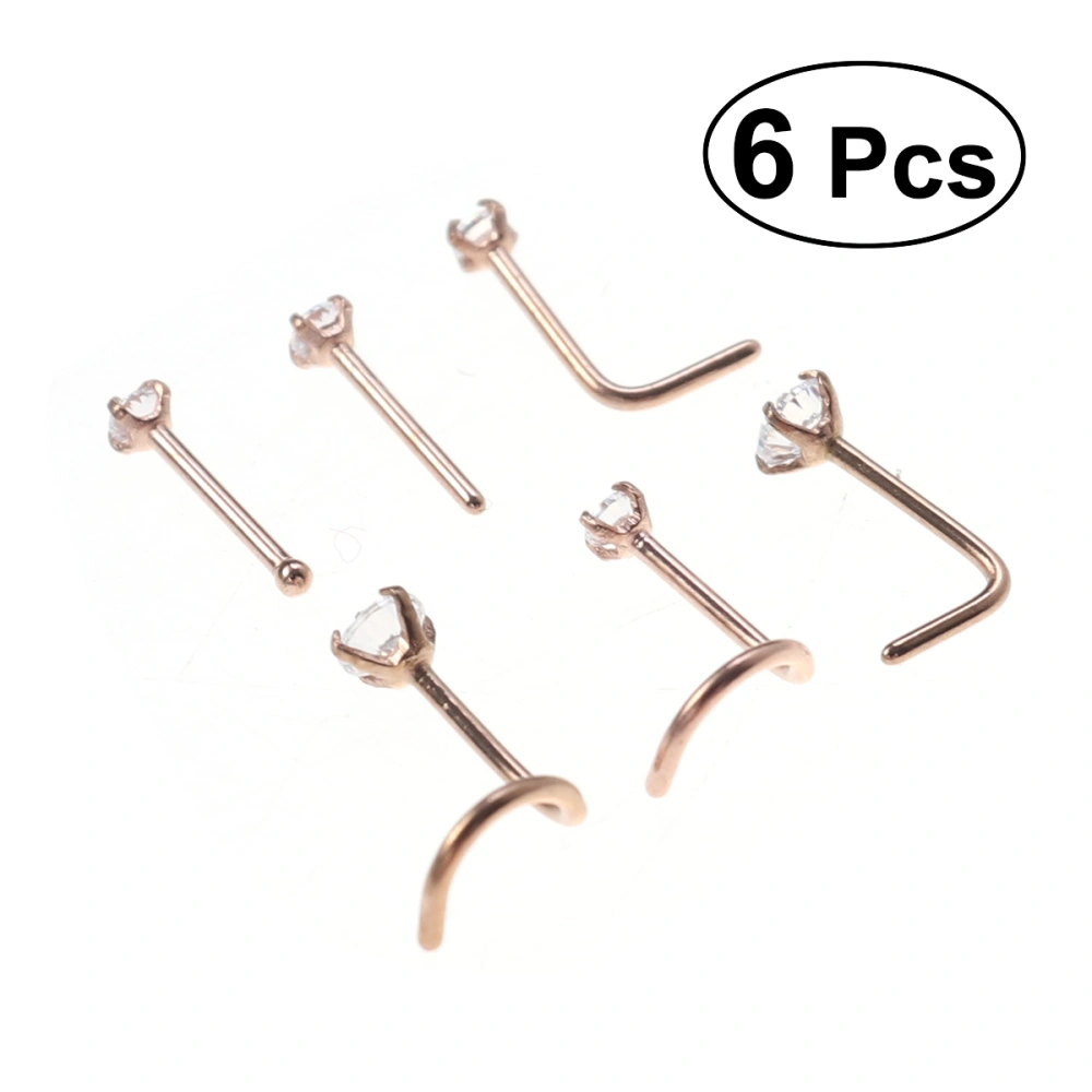 6pcs Stainless Steel Zircon Decorated Nose Rings Nose Studs Nose Gems (Rose Gold)