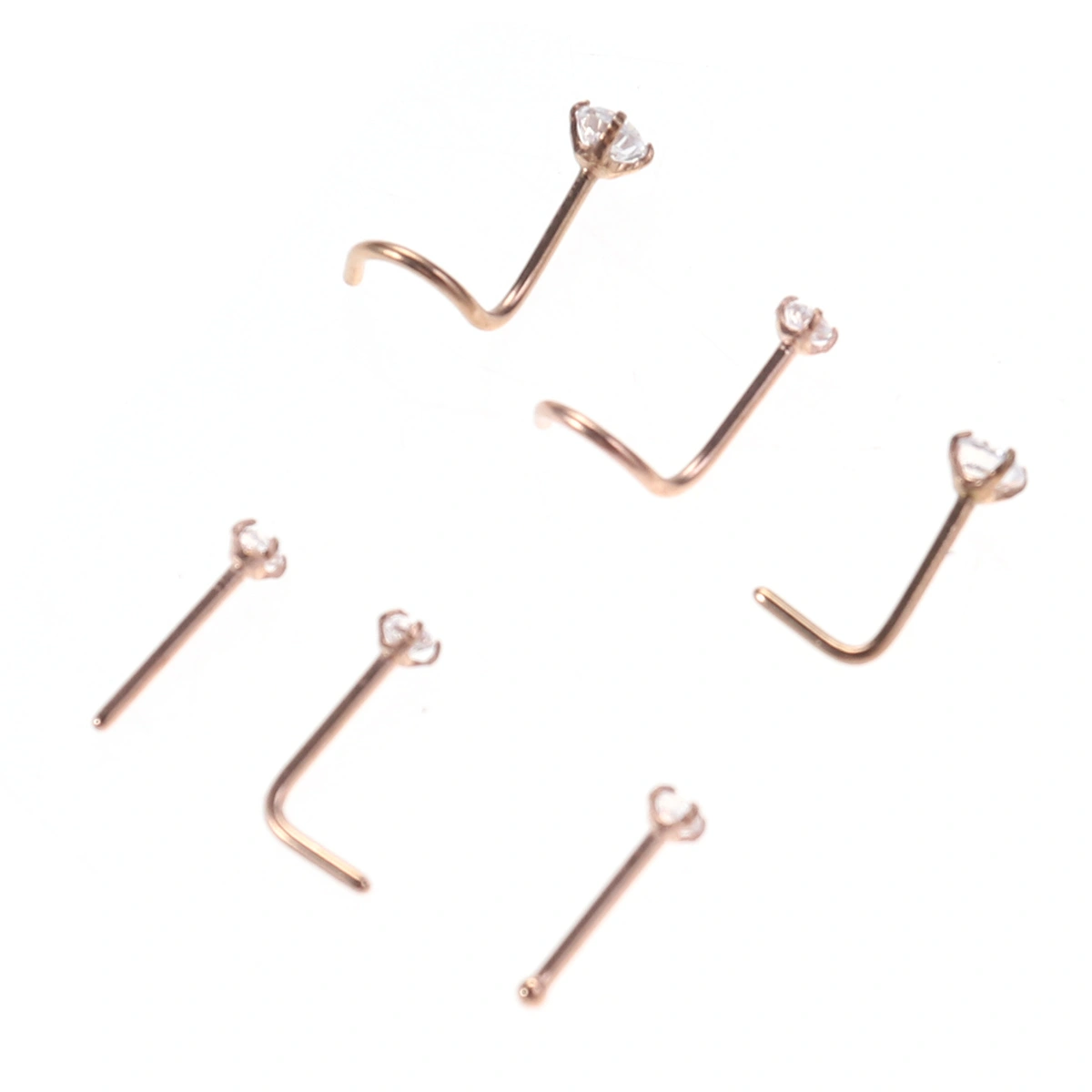 6pcs Stainless Steel Zircon Decorated Nose Rings Nose Studs Nose Gems (Rose Gold)