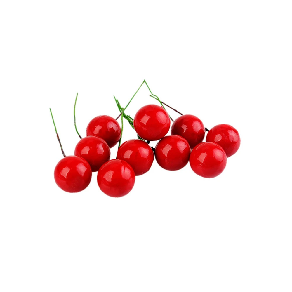 50PCS Small Artificial Fruit Berries with Stem Fake Flowers Cherry Stamens DIY Craft Accessory (Red)