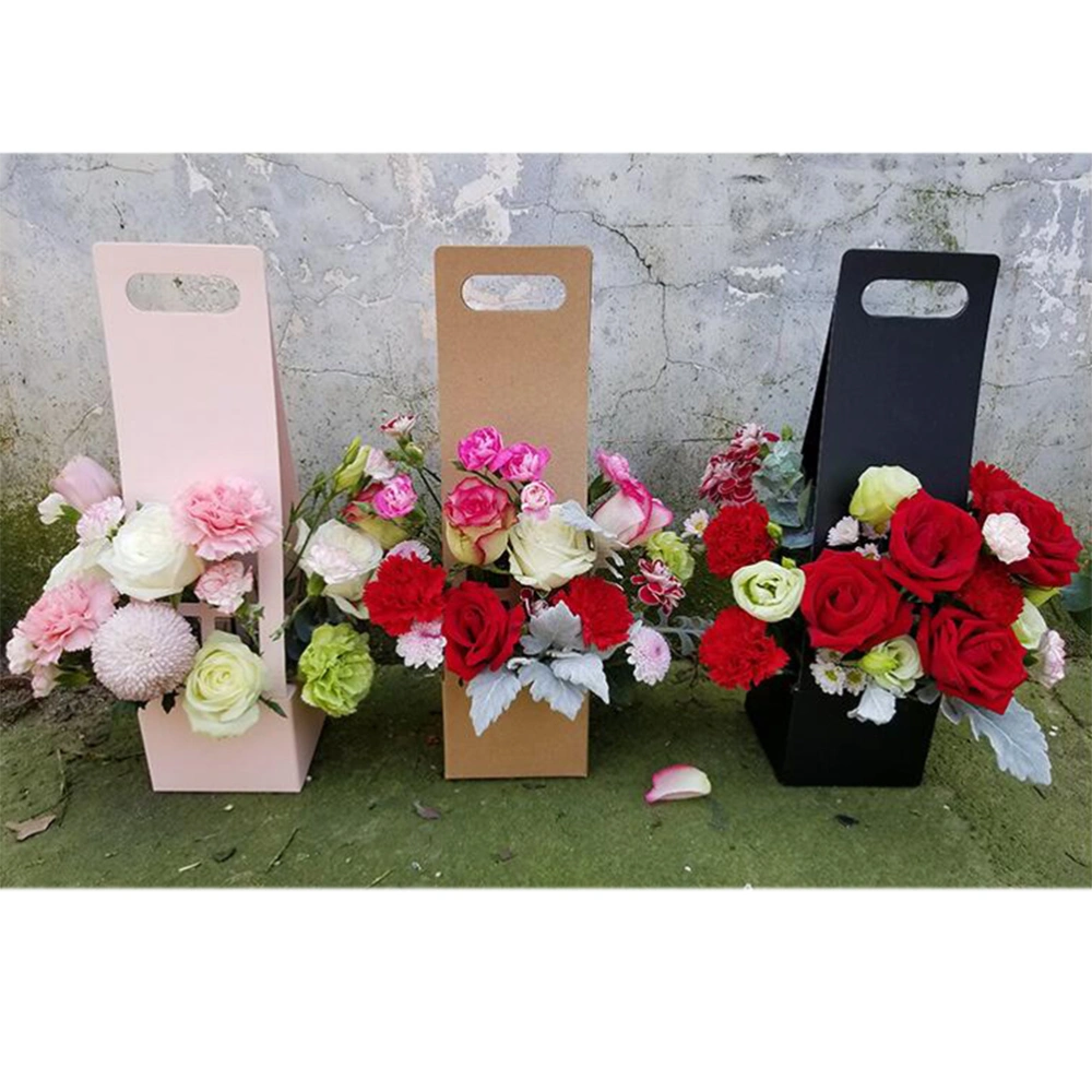 3pcs Flower Basket Paper Carton Portable Flowers Packing Box Waterproof Florist Fresh flower Carrier Bag(Black/Brown/Pink)