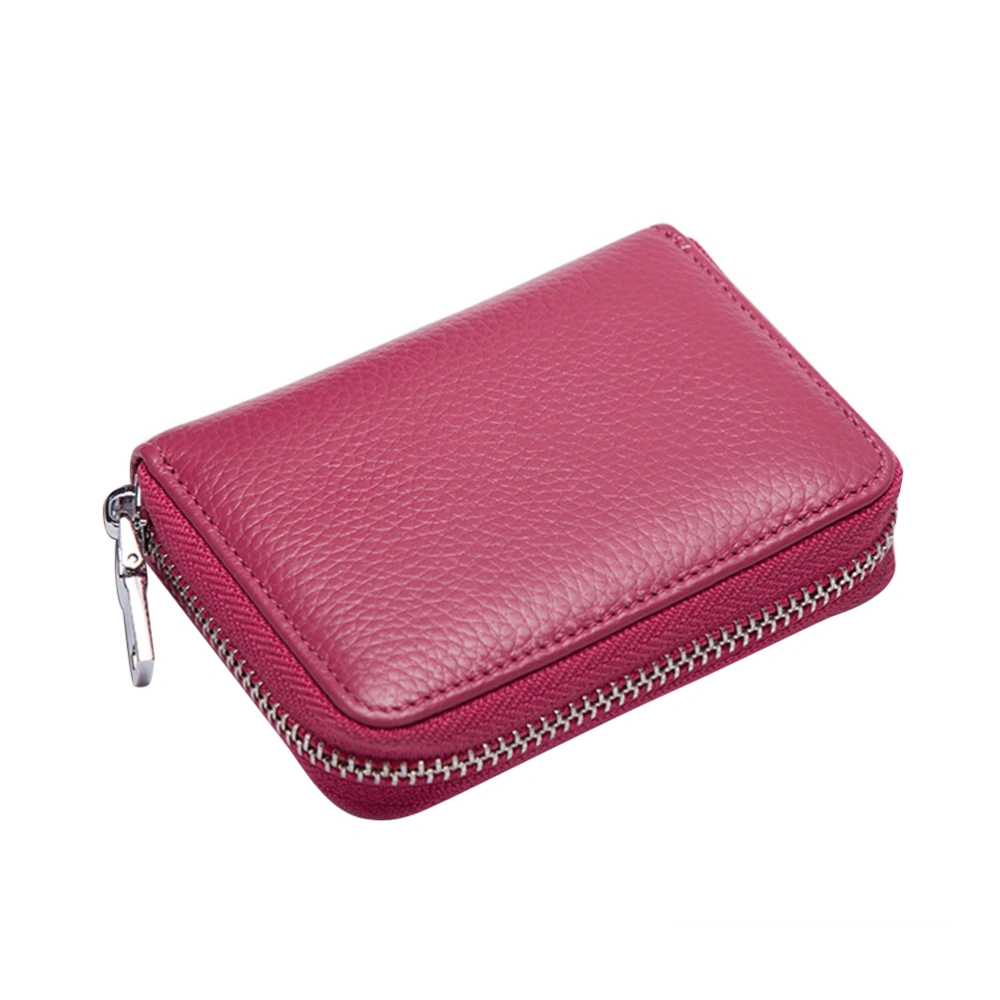 Credit Case Organizer Holder Genuine Leather Zip Security Bag (Rose Red)