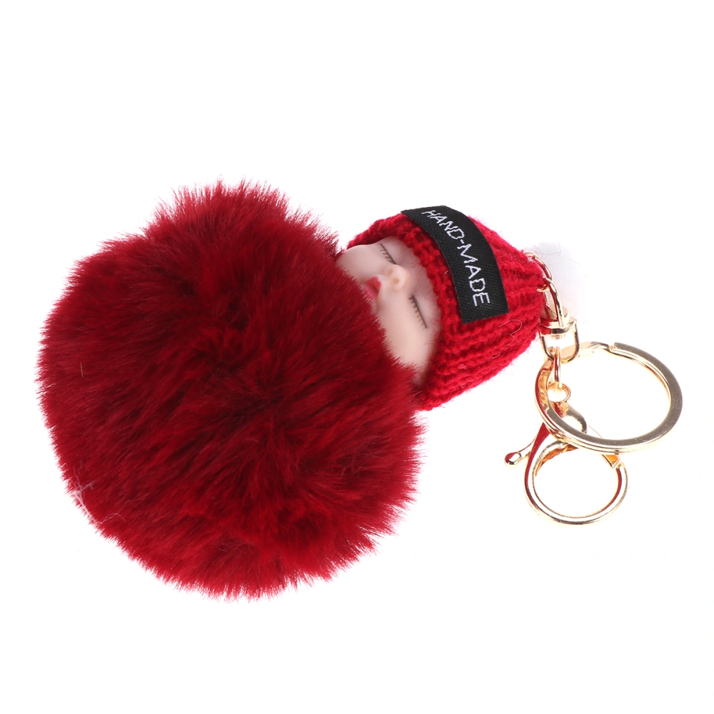 Sleeping Baby Doll Keychain Pom Pom Fluffy Keyring Hanging Pendant Gift (Wine Red)