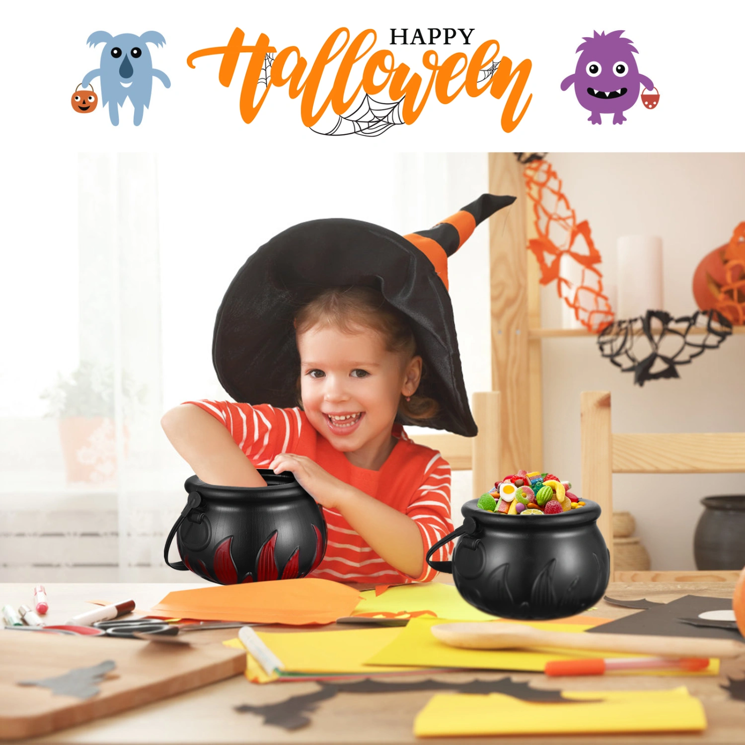 2pcs Halloween Candy Containers Portable Candy Buckets Witch Pot Candy Jars Halloween Handheld Candy Jars