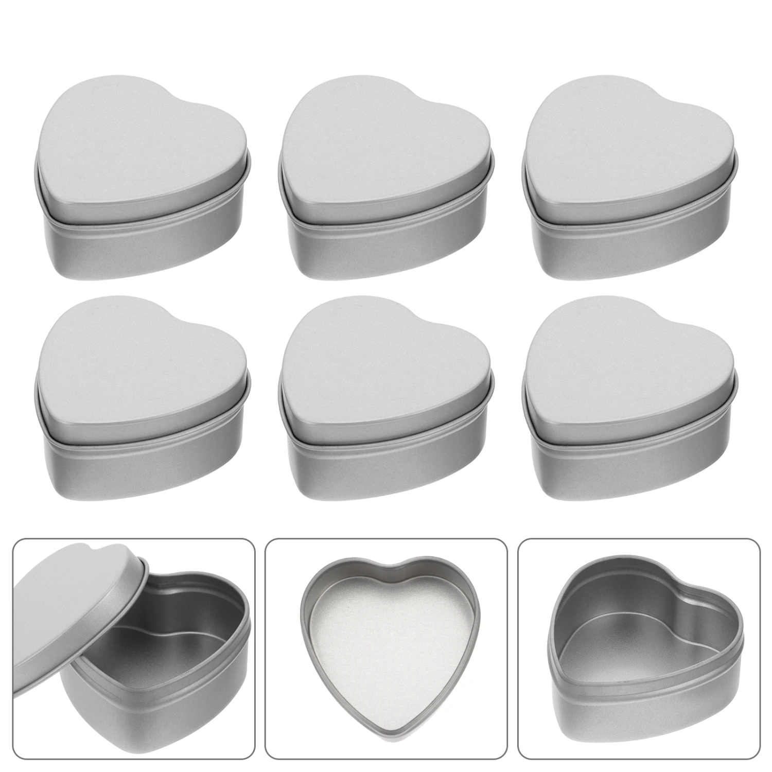 6pcs Candle Tins Tinplate Candle Containers Heart-shaped Candle Jars Silver