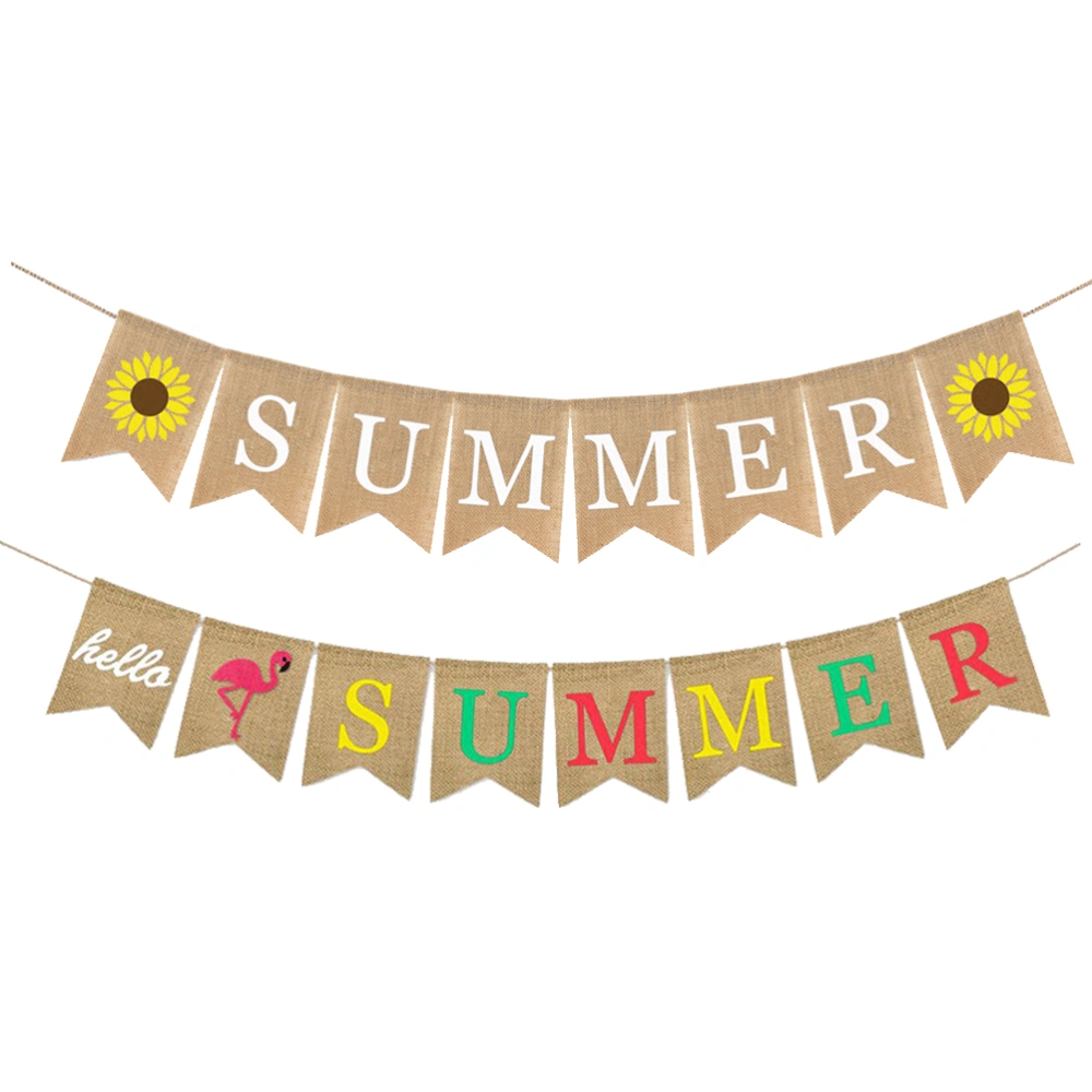 2 Pcs Burlap Banner Summer/Hello Summer Bunting Swallowtail Shaped Pull Flag Hanging Garland for Summer Party Decoration