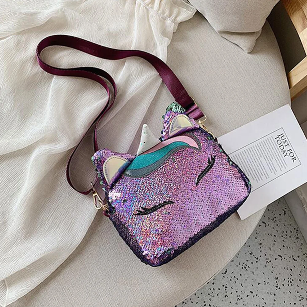 1PC Mini Unicorn Shaped Sequins Ear Handbags Girls Casual Chain Messenger Crossbody Purse Shoulder Bag (Purple)