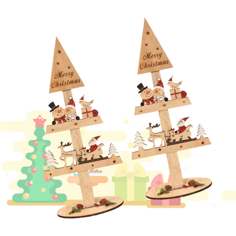 2pcs Wooden Christmas Tree Desktop Ornament Rotatable Mini Tree Beautiful Festive Miniature Tree for Children Gift Home