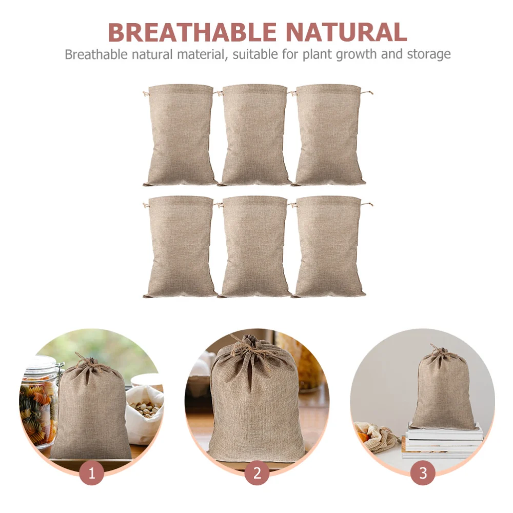 6pcs Reusable Vegetable Drawstring Bags Multifunction Linen Bags Root Burlap Bags