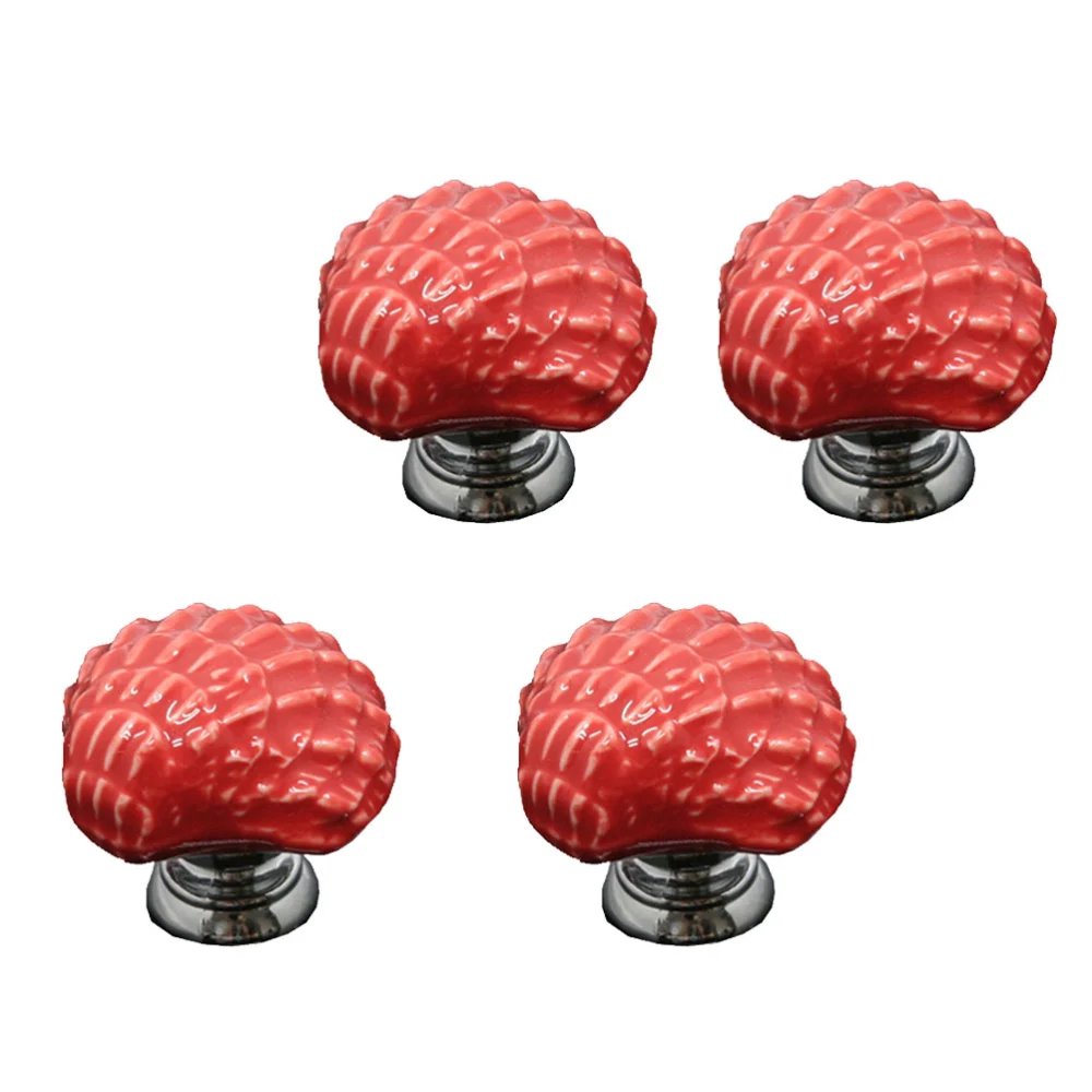 4pcs Ceramic Door Knobs Shell Design Pull Handle Creative Drawer Knobs Cabinet Door Handle Furniture Knob (Red)