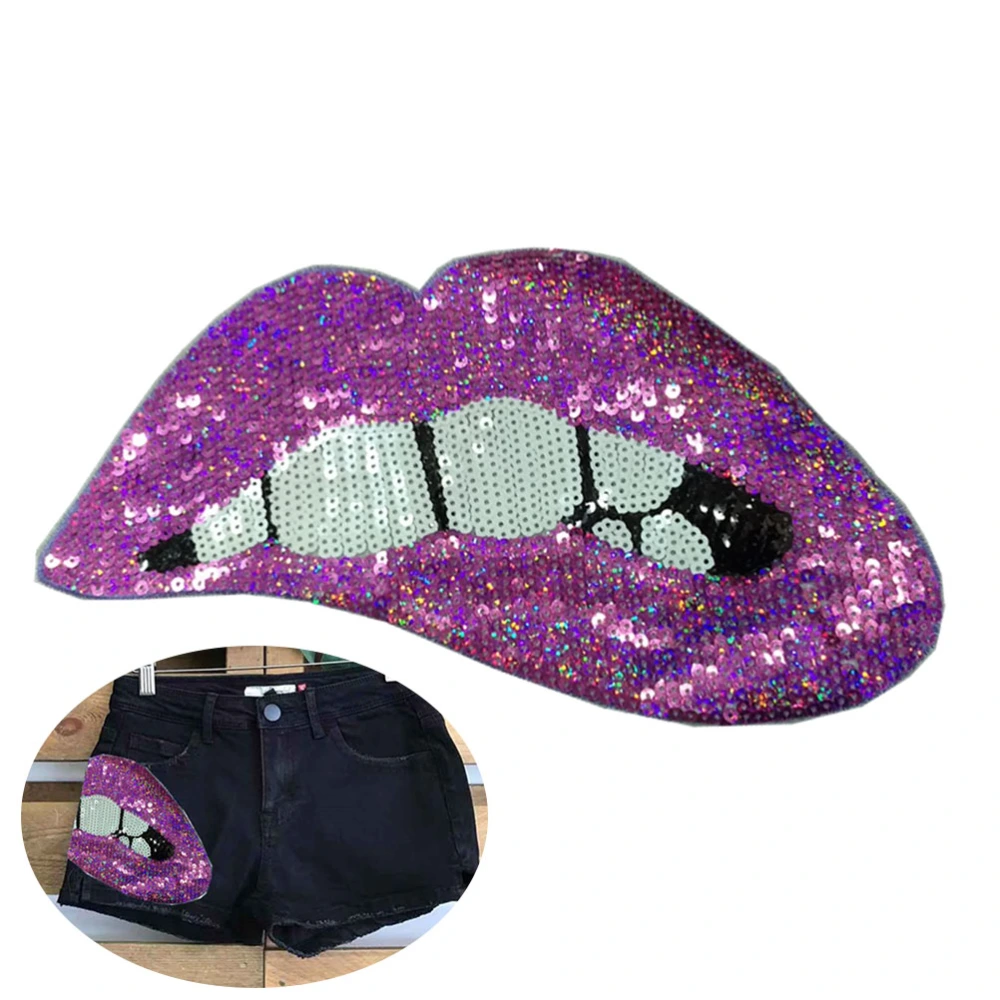 Mouth Patches Sew on Lip Sequins Patches Embroidered Badge Motif Applique Compatible for Clothing Jeans T-Shirt (Purple)