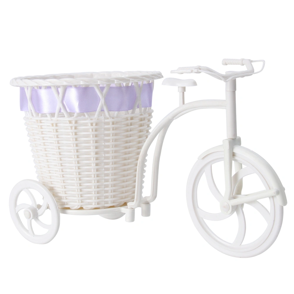 1pc Creative Tricycle Flower Basket Rattan Basket Crafts Ornaments Wedding Party Home Bedroom Decoration (White, Large Size, Random Bowknot Color)