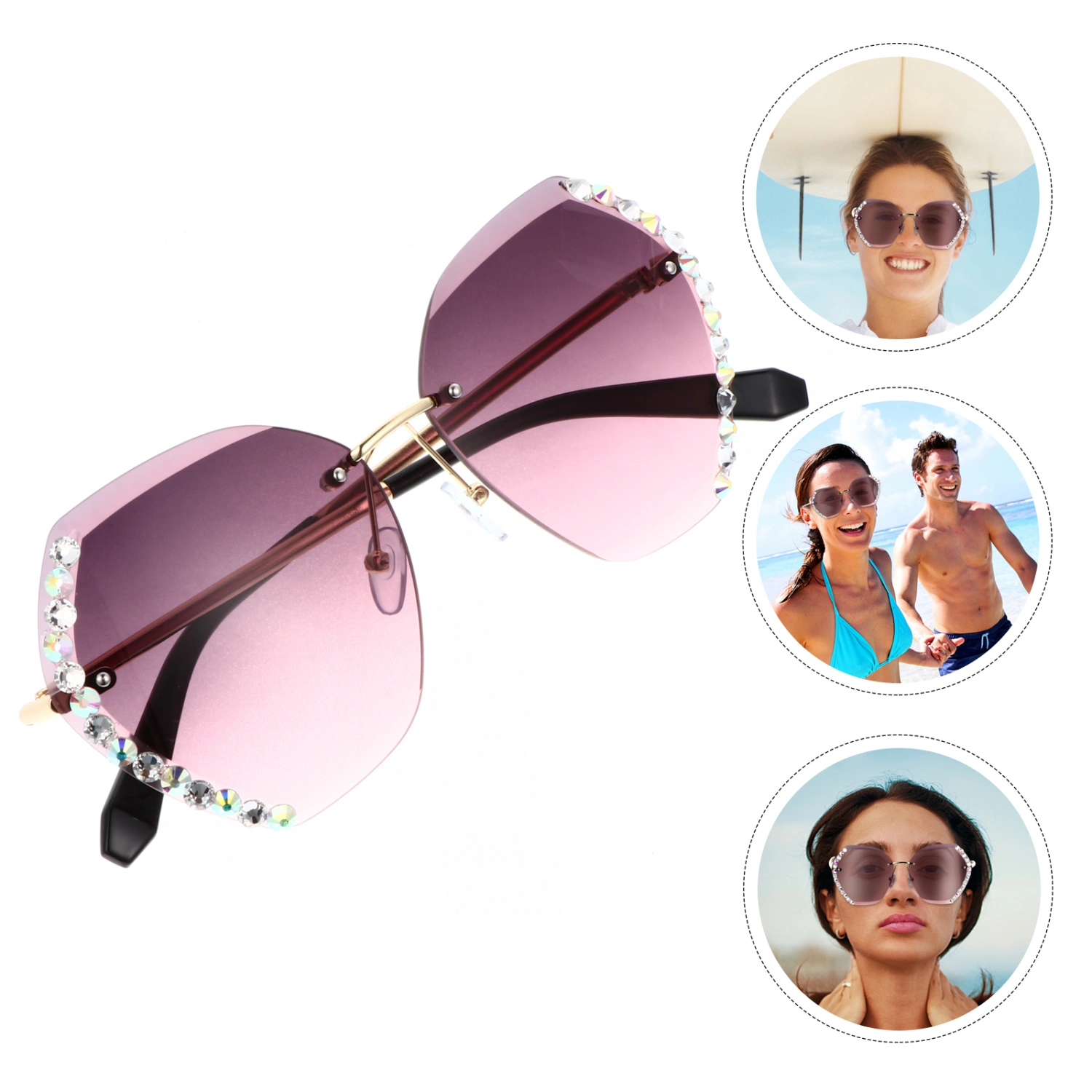 1Pc Female Eyewear UV Protection Rimless Sunglass Crystal Trimming Sunglass