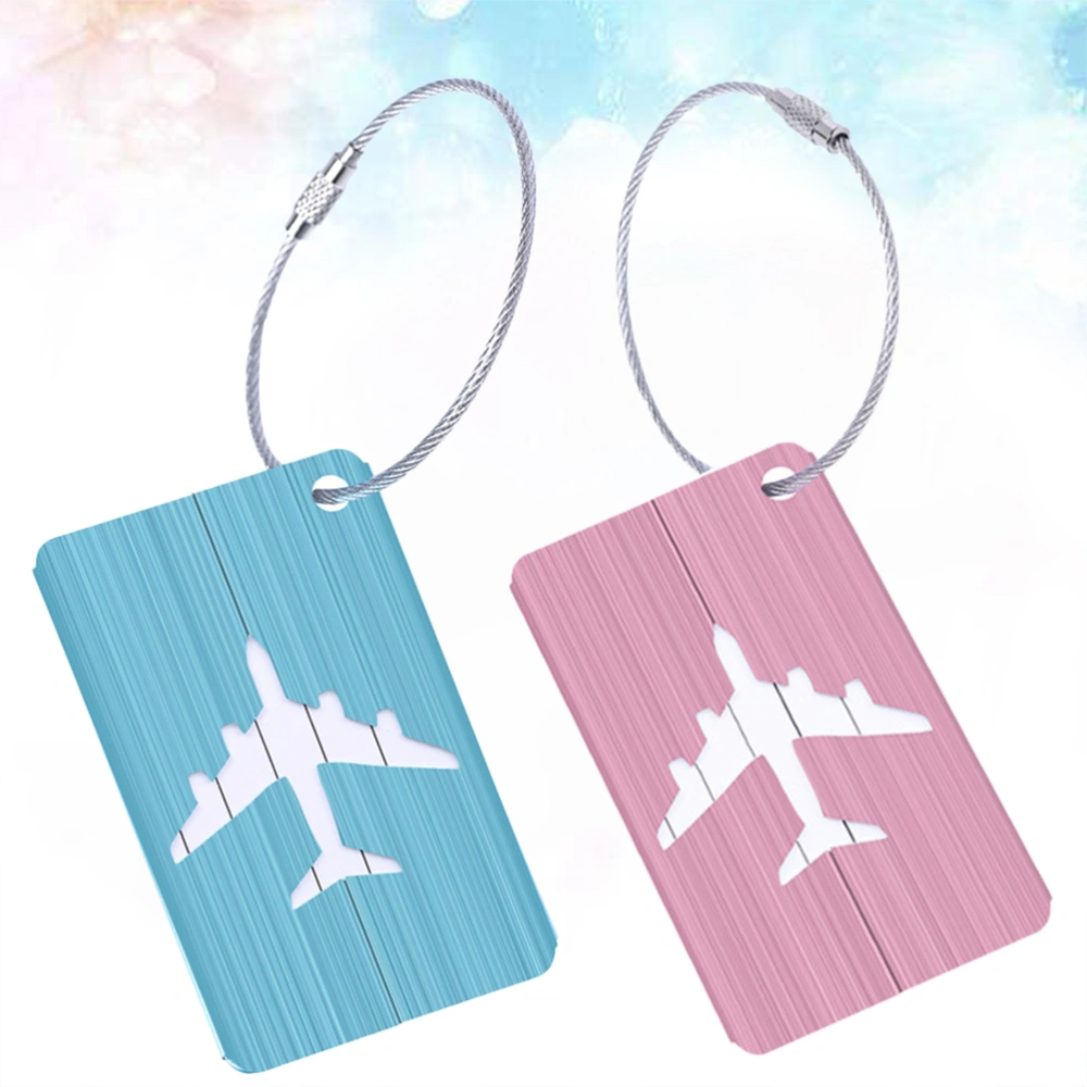 2pcs Aluminum Luggage Tags Multicolour Fashion Baggage Tag Handbag Tag for Travel Suitcase Airplane Pattern (Blue, Pink)