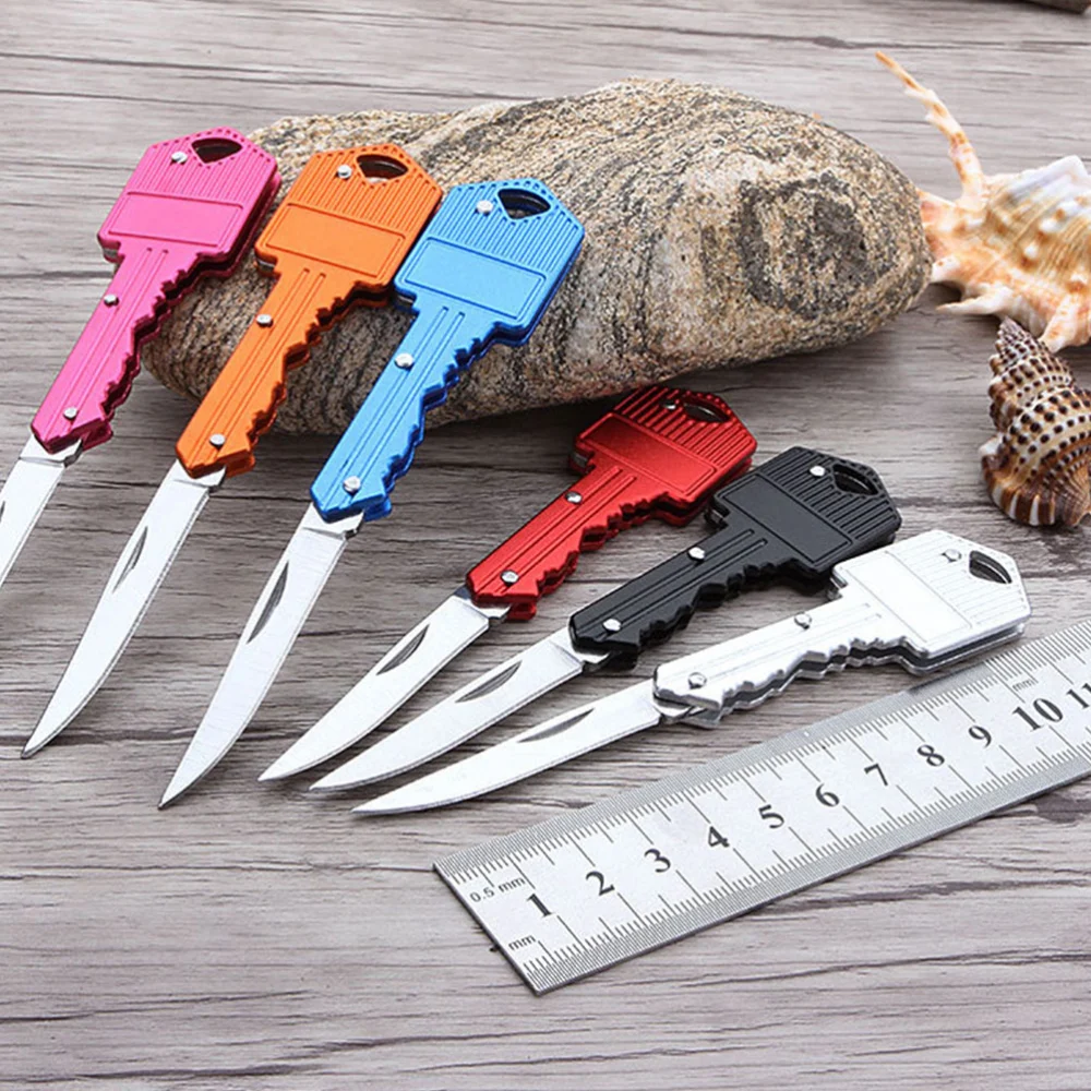 7 Pcs Folding Mini Pendant Stainless Steel Keychain Hanging Portable Key Shape Outdoor Camping Survival (Mixed Color)